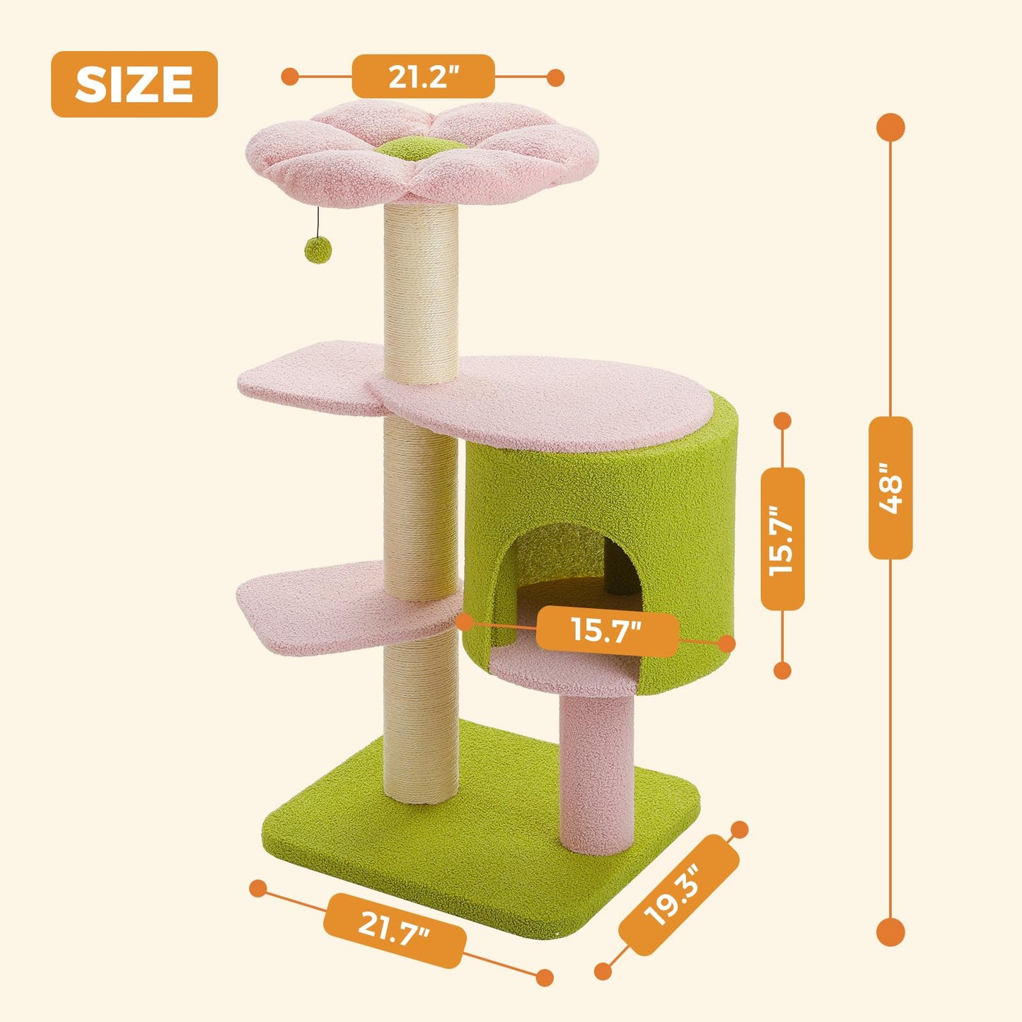 PAWZ Road Flower Cat Tree, 50 Inches Pink Cat Tower with 4.3-inches Fully-Wrapped Thick Scratching Posts, a Spacious Condo and a Flower Perch for Large Cats