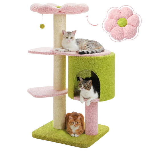 PAWZ Road Flower Cat Tree, 50 Inches Pink Cat Tower with 4.3-inches Fully-Wrapped Thick Scratching Posts, a Spacious Condo and a Flower Perch for Large Cats