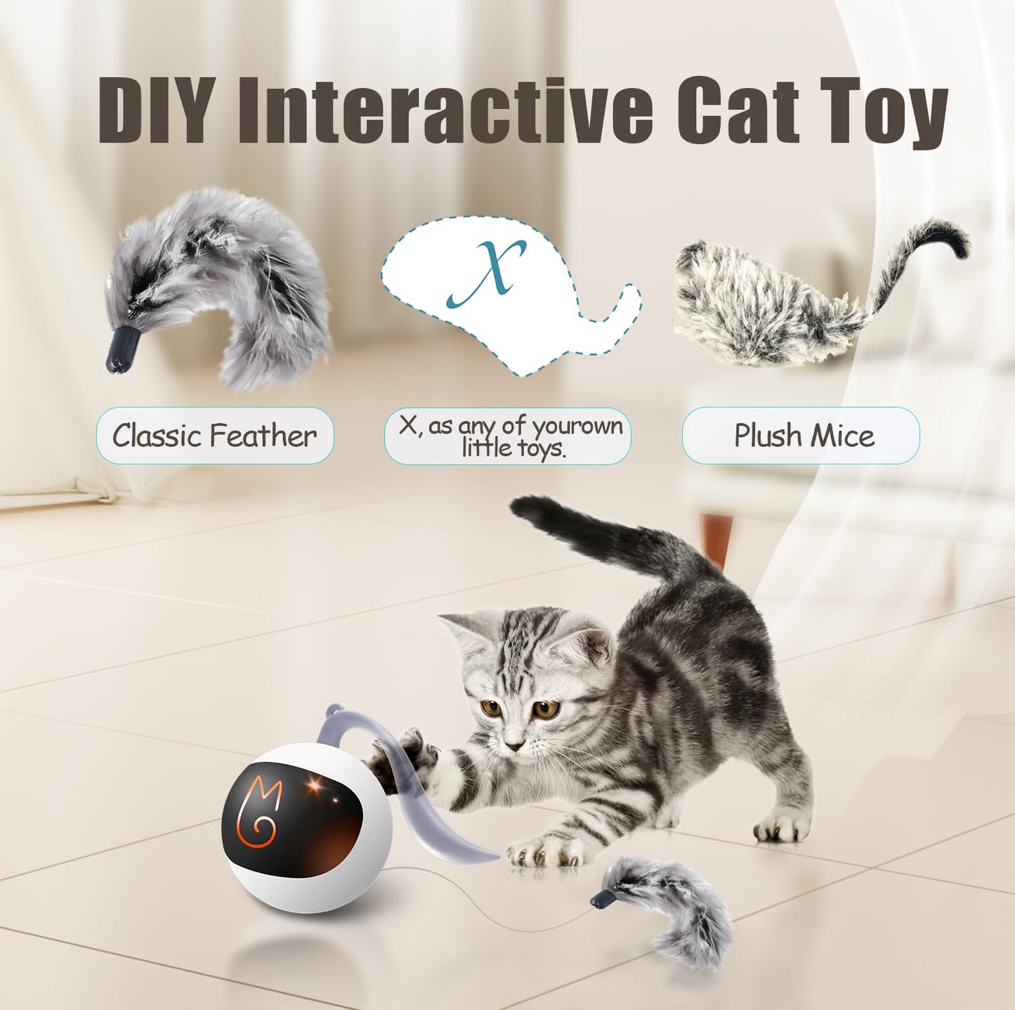 Migipaws Interactive Cat Ball Toy Set, Fun Tracker, Automatic Rolling Chase Ball with Fluffy Tail, A Small Mice, Rechargeable（White）