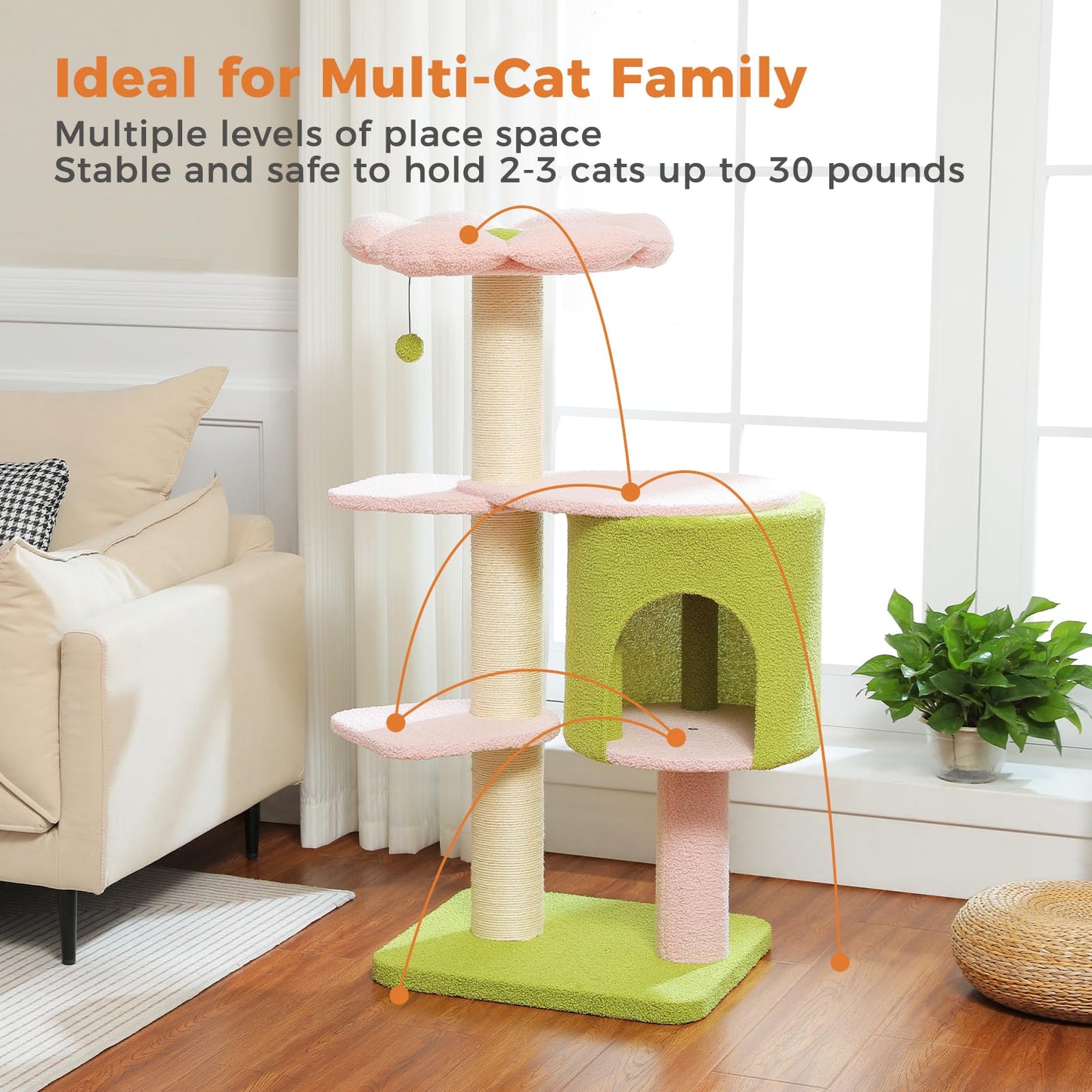 PAWZ Road Flower Cat Tree, 50 Inches Pink Cat Tower with 4.3-inches Fully-Wrapped Thick Scratching Posts, a Spacious Condo and a Flower Perch for Large Cats