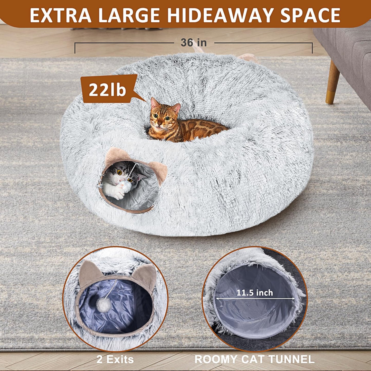 Cat Tunnel with Cat Bed for Indoor Cats, Under Christmas Tree Soft Plush Peekaboo Cat Cave Donut Tunnel, Multifunctional Cat Playground Toys Hideplace for Cats, Kittens, Rabbit, Ferret (Grey)