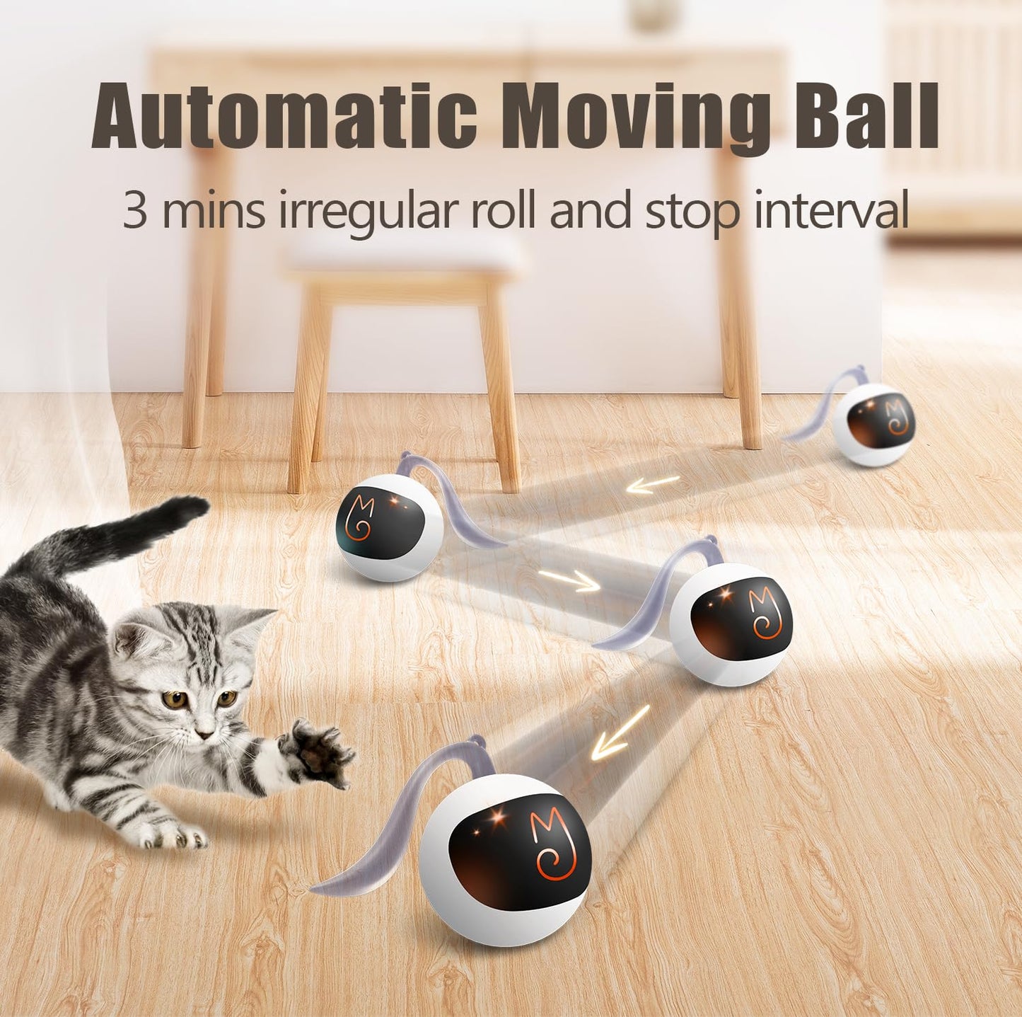 Migipaws Interactive Cat Ball Toy Set, Fun Tracker, Automatic Rolling Chase Ball with Fluffy Tail, A Small Mice, Rechargeable（White）