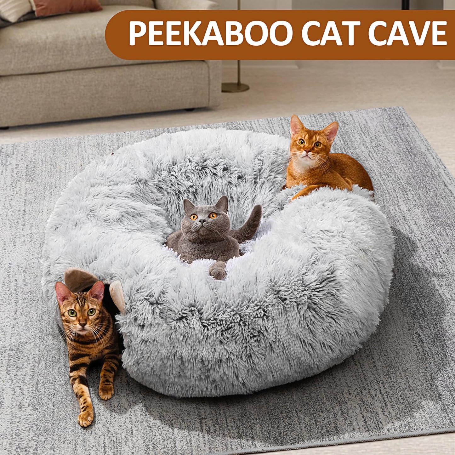 Cat Tunnel with Cat Bed for Indoor Cats, Under Christmas Tree Soft Plush Peekaboo Cat Cave Donut Tunnel, Multifunctional Cat Playground Toys Hideplace for Cats, Kittens, Rabbit, Ferret (Grey)