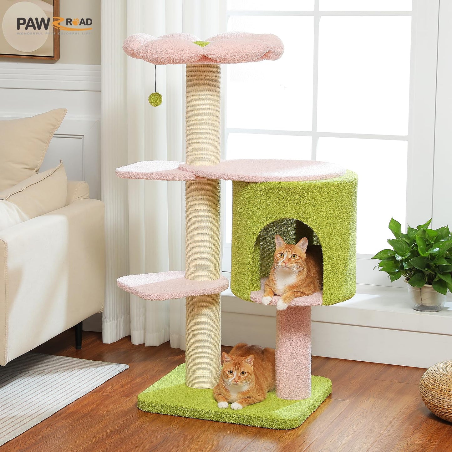 PAWZ Road Flower Cat Tree, 50 Inches Pink Cat Tower with 4.3-inches Fully-Wrapped Thick Scratching Posts, a Spacious Condo and a Flower Perch for Large Cats