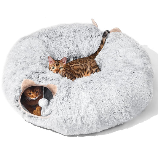 Cat Tunnel with Cat Bed for Indoor Cats, Under Christmas Tree Soft Plush Peekaboo Cat Cave Donut Tunnel, Multifunctional Cat Playground Toys Hideplace for Cats, Kittens, Rabbit, Ferret (Grey)