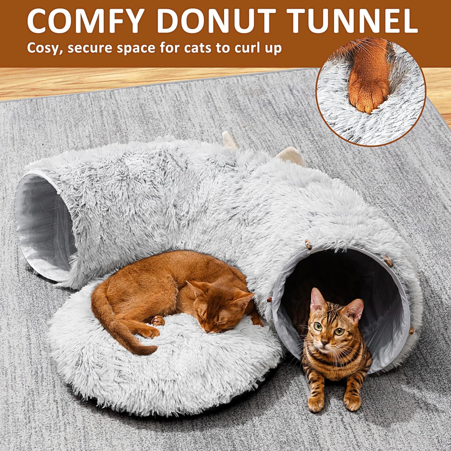 Cat Tunnel with Cat Bed for Indoor Cats, Under Christmas Tree Soft Plush Peekaboo Cat Cave Donut Tunnel, Multifunctional Cat Playground Toys Hideplace for Cats, Kittens, Rabbit, Ferret (Grey)